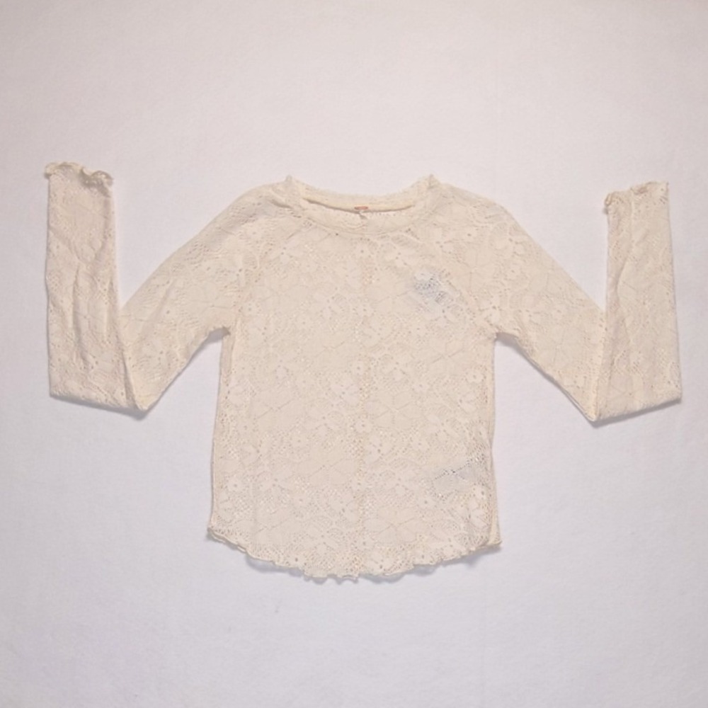 Free People Ivory Floral‎ Lace Long Sleeve Top Crew Neck Lettuce Trim NWT XS
